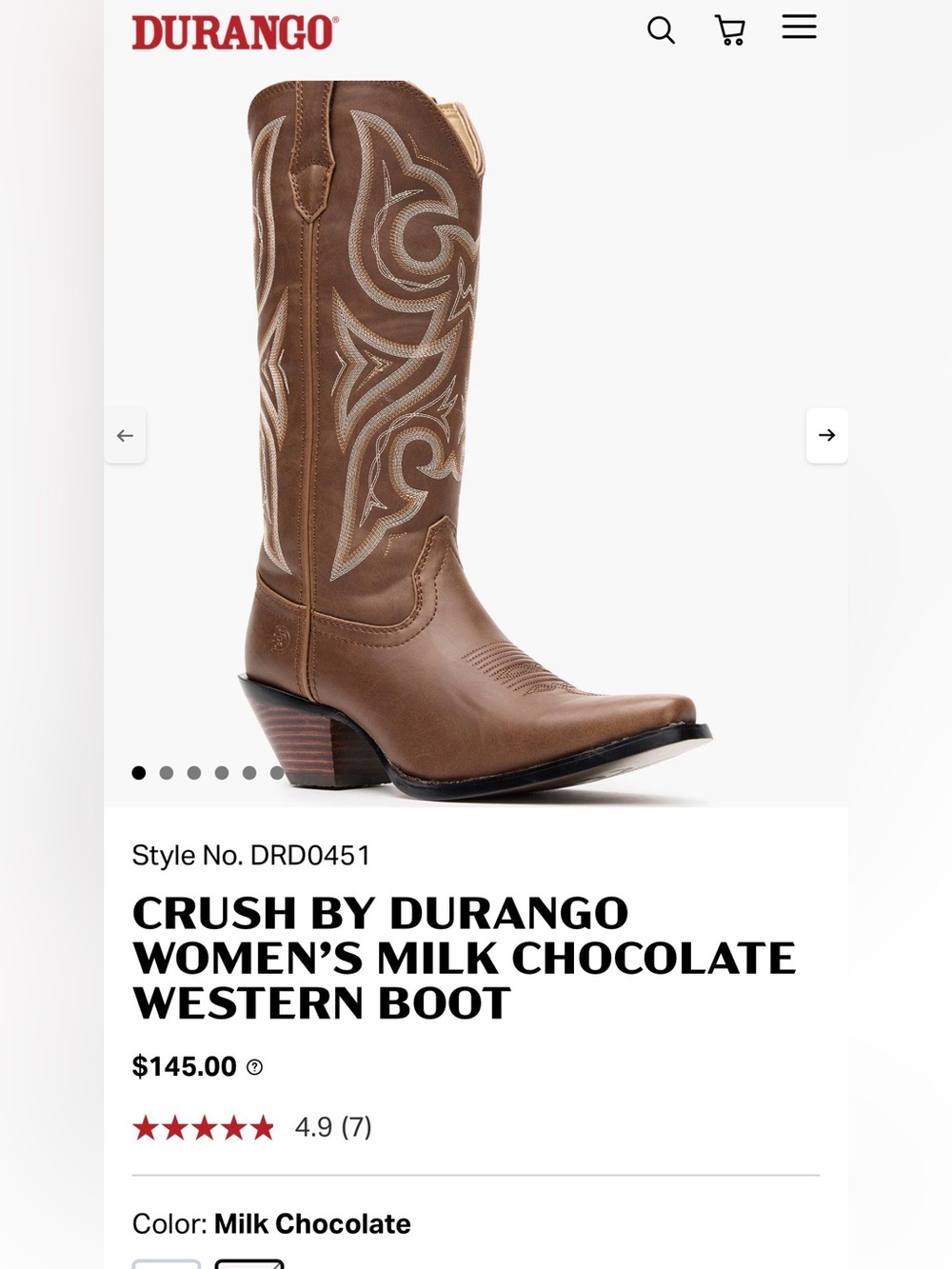 Women’s Durango Brown Leather Western Boots with White Embroidery